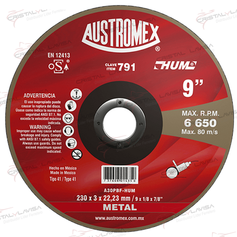 AUS791 DISCO CTE/MTAL HUM 9X3/32XX7/8'' AUSTROMEX             Empaque de 5