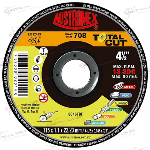 708 DISCO CTE/MTAL T.41 4 1/2"X1.1X22.23MM AUSTROMEX       Empaque de 6