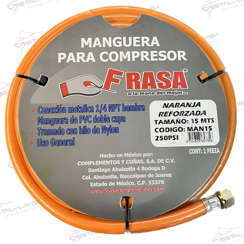 MAN15 MANGUERA P/COMPRESOR REFOZADA NARANJA 1/4X15M FRASA    Empaque de 2