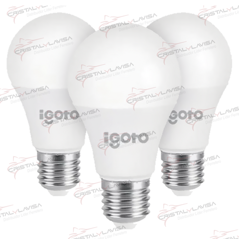 F3P10109 PACK C/3 FOCOS LED TIPO BOMBILLA 9W LUZ FRIA IGOTO     Empaque de 6